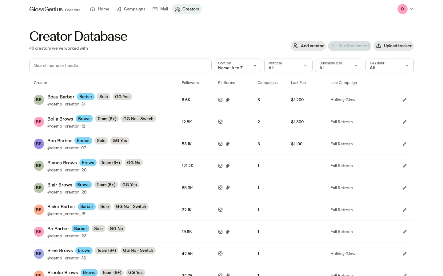 Creators database screenshot
