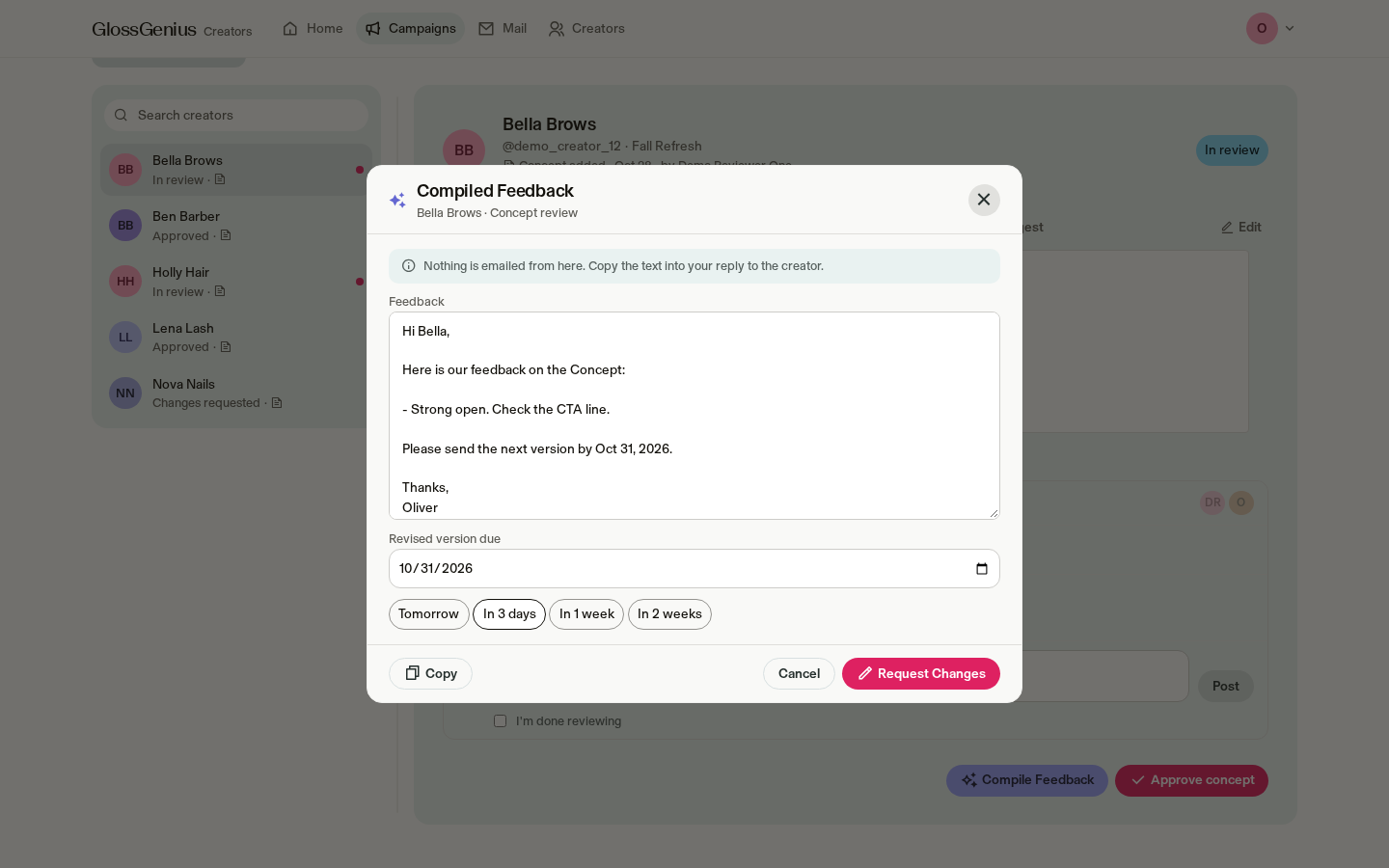 Compiled feedback screenshot
